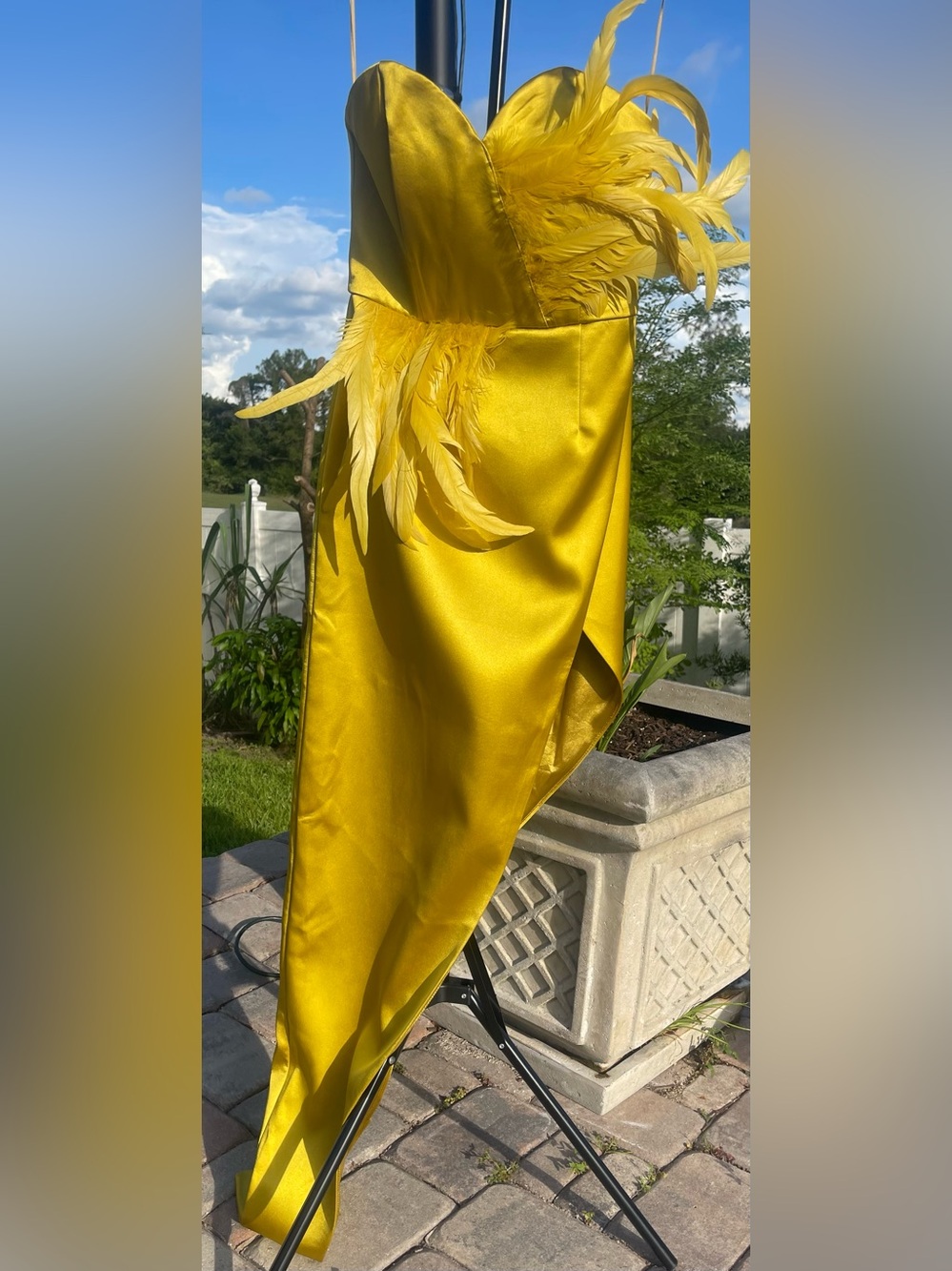 Fashion Nova Asymmetrical Feathered Satin Dress in Yellow